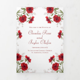 Programa Tríptico Red Rose Romantic Wedding Programs