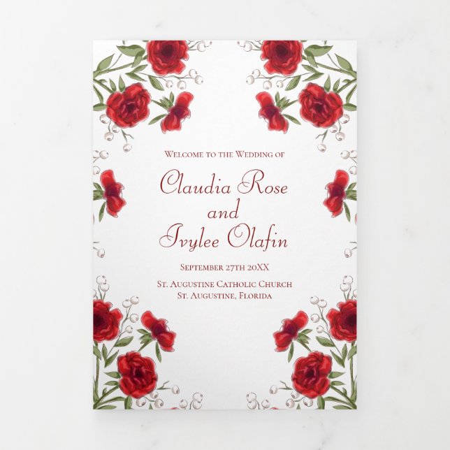 Programa Tríptico Red Rose Romantic Wedding Programs (Foto de portada)