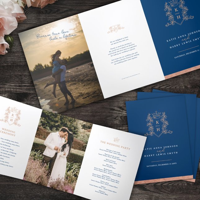 Programa Tríptico Rosa azul boda monograma de foto blanca dorada (Subido por el creador)