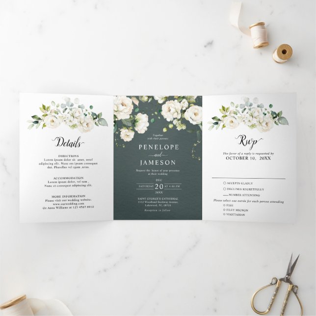 Programa Tríptico Rosas de Crema de Marfil Blanco Boda Botánico Flor (Interior)