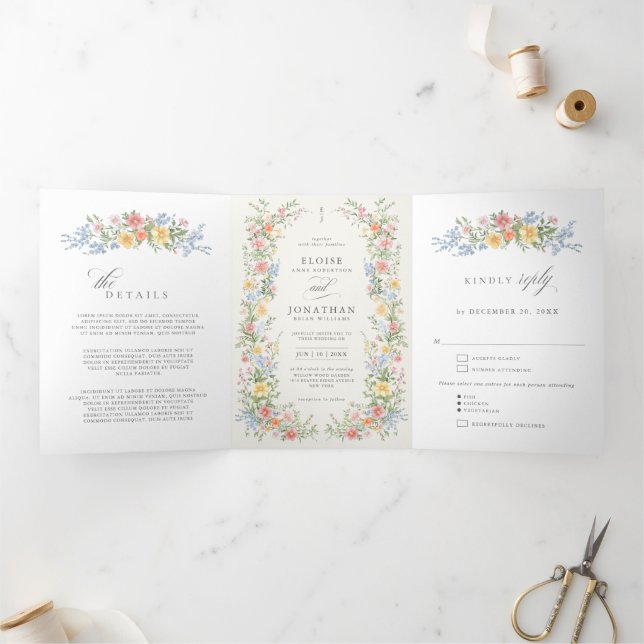 Programa Tríptico Soft Pastel Ornate Spring Garden Wedding invite (Interior)