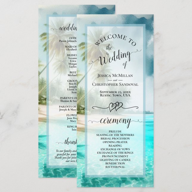 Programa Tropical Beach Coastal Palm Trees Elegant Wedding (Anverso / Reverso)