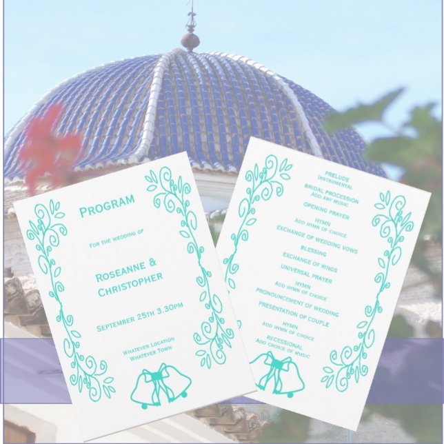 Programa Turquoise Bells Scrollwork Design Boda (Turquoise wedding church program bells scrollwork design)