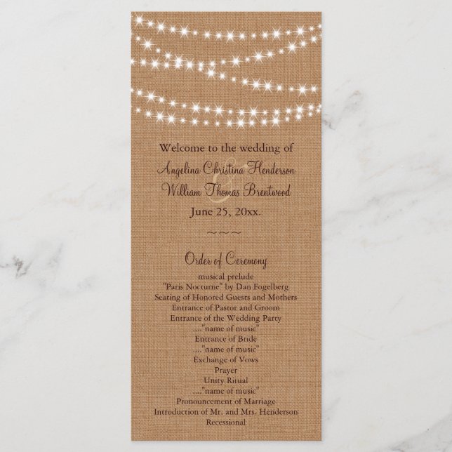 Programa Twinkle Lights on Burlap Wedding Program (Anverso)