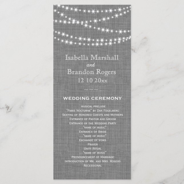 Programa Twinkle Lights on Gray Burlap Wedding Program (Anverso)