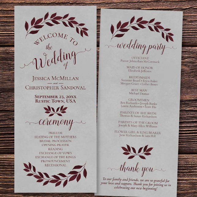 Programa Una acuarela ruidosa de Borgoña deja en Boda gris (Front/Back)