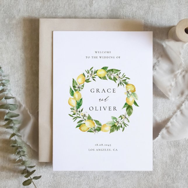 Programa Vegetación botánica con tema Boda Lemons (Customizable Folded Wedding Program with Watercolor Lemons, Blossoms & Greenery Wreath)