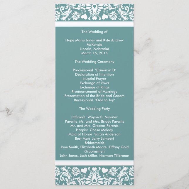 Programa verde azulado Aqua Blue Damask Swirls Wed (Anverso)