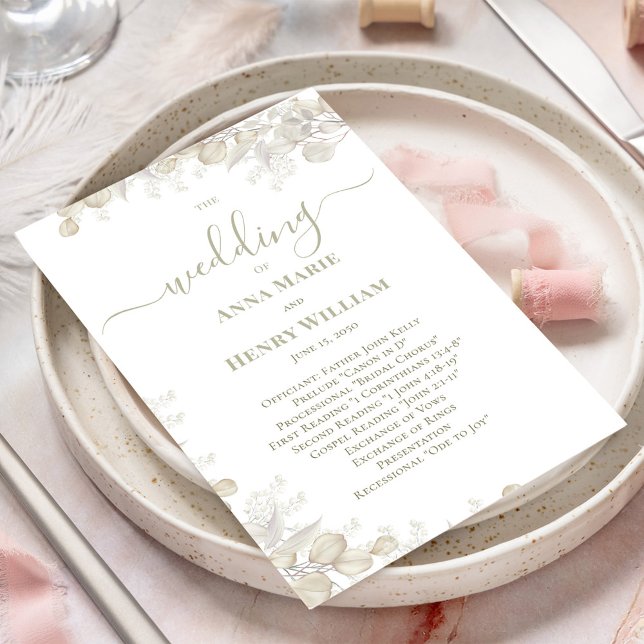 Programa Verde de Calligrafía Floral Sage para bod (Welcome wedding program with elegant sage green greenery and calligraphy script. )