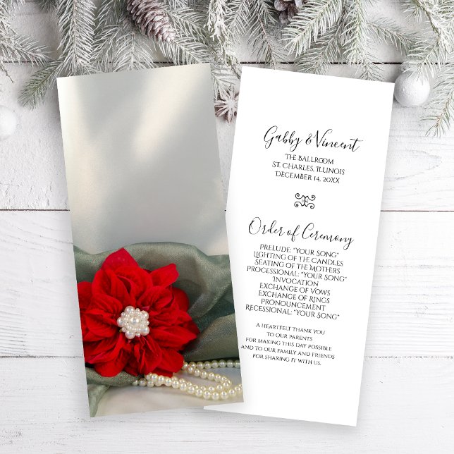 Programa verde del Poinsettia y de la boda del (Personalize the festive Poinsettia and Pearls Winter Wedding Program with your marriage ceremony )