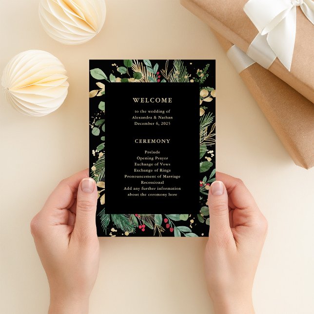 Programa Verde dorado negro | Boda de vacaciones (An elegant, dark black program with gold accents for your Christmas holiday wedding)