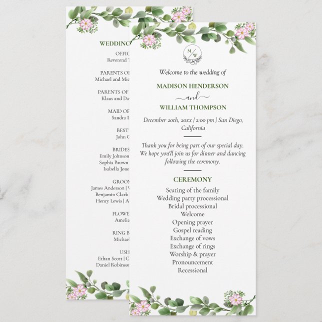 Programa Verdor Elegante y Hermoso Boda Floral (Anverso / Reverso)