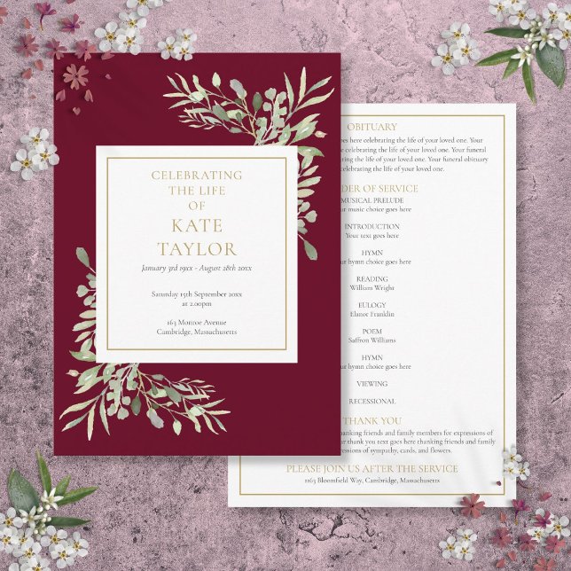 Programa Verdor Foliage Funeral Orden De Servicio (Greenery Foliage Funeral Memorial Order Of Service Program)