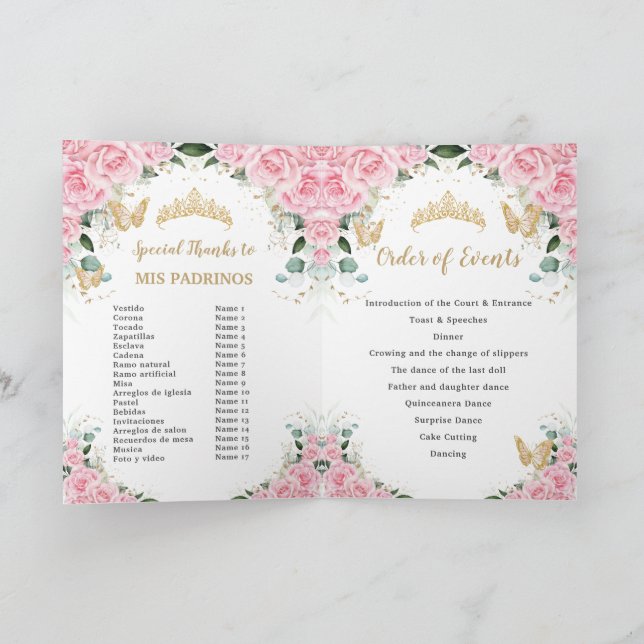 Programa Vestido floral rosa Oro Quinceañera Orden de event (Interior)