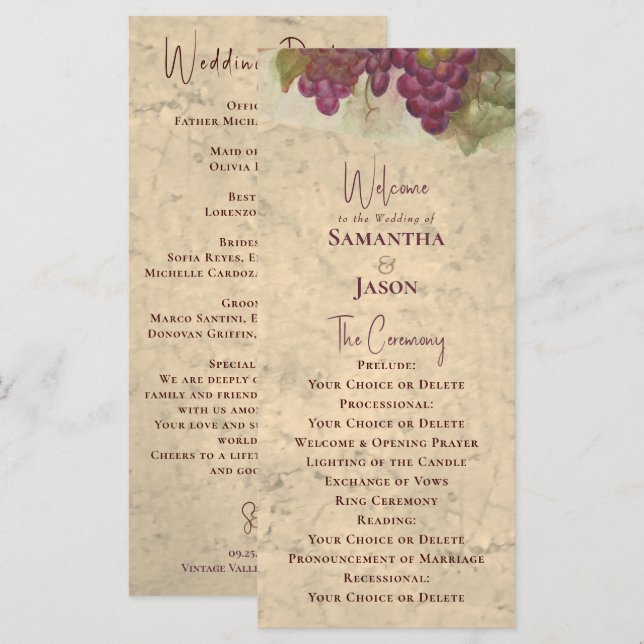 Programa Vineyard Wedding Elegant Rustic Watercolor Program (Anverso / Reverso)