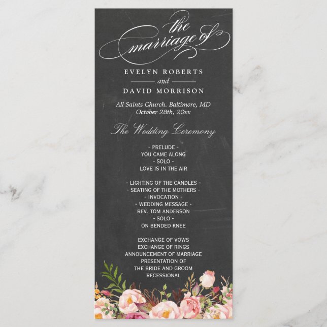 Programa Vintage Floral Chalkboard Script Wedding (Anverso)
