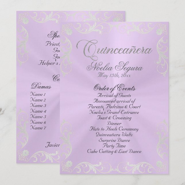 Programa Vintage Quinceanera Program - Lavender/Silver (Anverso / Reverso)