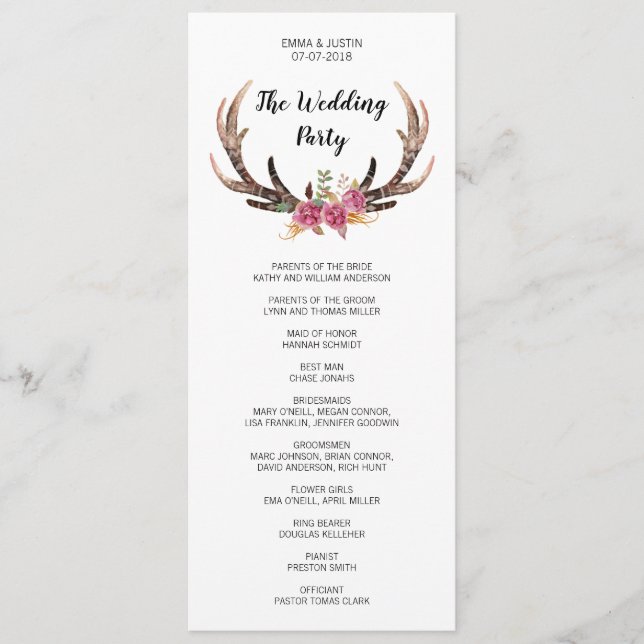 Programa Watercolor Deer Antlers Bohemian Country Wedding (Anverso)