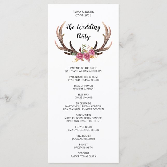 Programa Watercolor Deer Antlers Country Wedding Rackcard (Anverso)