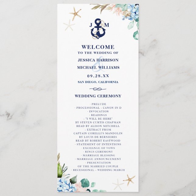 Programa Watercolor Floral Hydrangea Anchor Beach Wedding (Anverso)