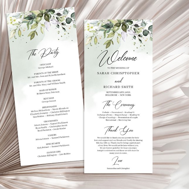 Programa Watercolor Greenery follage boho boda (Watercolor Greenery foliage boho wedding Program)