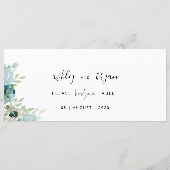 Programa Wedding Find Your Table Dusty Blue Floral Card (Anverso)