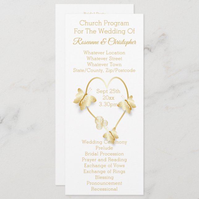 Programa Wedding Program Gold Coloured Heart Butterfly (Anverso / Reverso)
