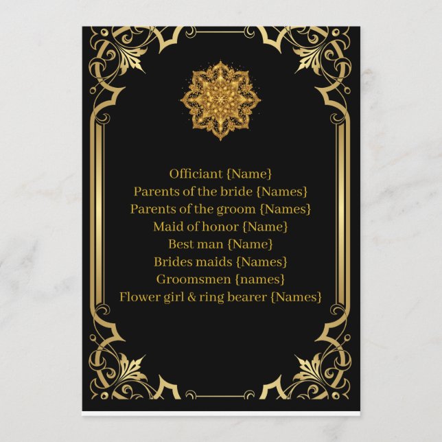Programa Wedding Program Mandala Luxury Black and Gold  (Anverso)