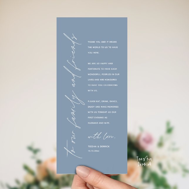 Programa Wedding Reception Dinner Modern Thank You Card (Welcome and thanks, Modern Wedding Reception Dinner Thank You card, family friends in dusty blue)