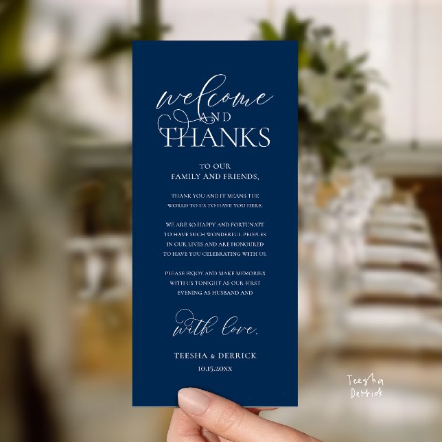 Programa "Welcome and Thanks" Classy Reception Guest Card ("Welcome and Thanks" Classy Wedding Romantic Reception Guest Card in navy blue)