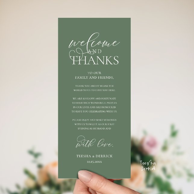 Programa "Welcome and Thanks" Classy Reception Guest Card ("Welcome and Thanks" Classy Wedding Romantic Reception Guest Card in sage green)