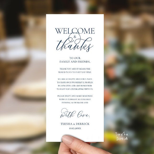 Programa "Welcome and Thanks" Elegant Reception Guest Card ("Welcome and Thanks" Elegant Wedding Reception Guest Thank you Card in Navy Blue)
