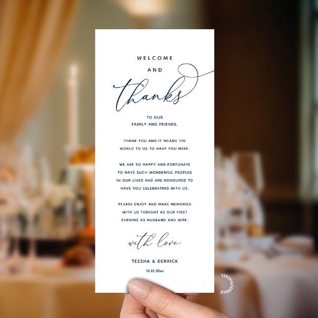 Programa "Welcome and Thanks" Elegant Reception Guest Card (Modern Elegant Wedding Reception "Welcome and Thanks" Table Card for Guest in Navy Blue)