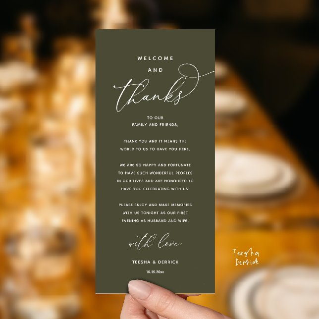 Programa "Welcome and Thanks" Elegant Reception Guest Card (Modern Elegant Wedding Reception "Welcome and Thanks" Table Card for Guest in Olive Green)