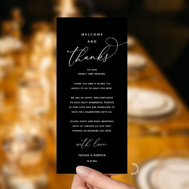 Programa "Welcome and Thanks" Elegant Reception Guest Card (Modern Elegant Wedding Reception "Welcome and Thanks" Table Card for Guest in Black White)