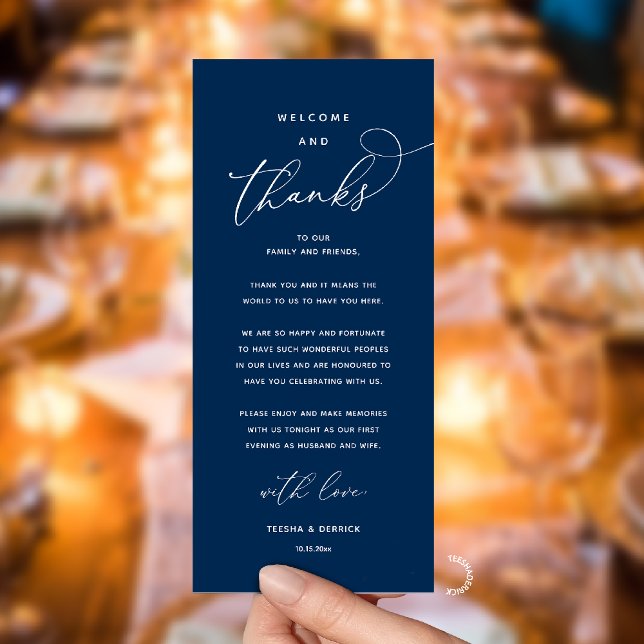 Programa "Welcome and Thanks" Elegant Reception Guest Card (Modern Elegant Wedding Reception "Welcome and Thanks" Table Card for Guest in Navy Blue)
