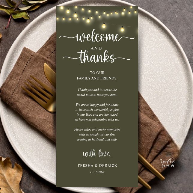 Programa "Welcome and Thanks" Rustic Reception Guest Card ("Welcome and Thanks" Rustic Reception dinner Guest thank you Card in string lights olive green)