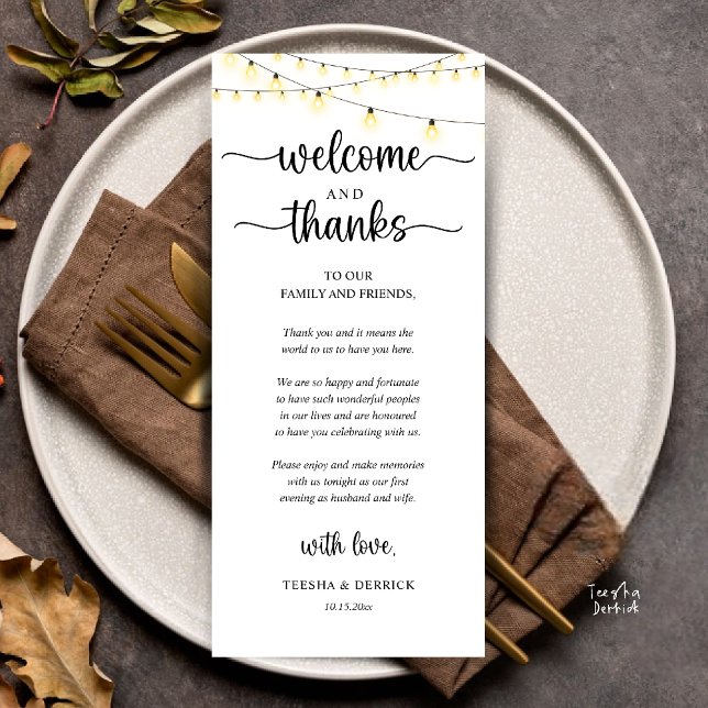 Programa "Welcome and Thanks" Rustic Reception Guest Card ("Welcome and Thanks" Rustic Reception dinner Guest thank you Card in string lights black and white)