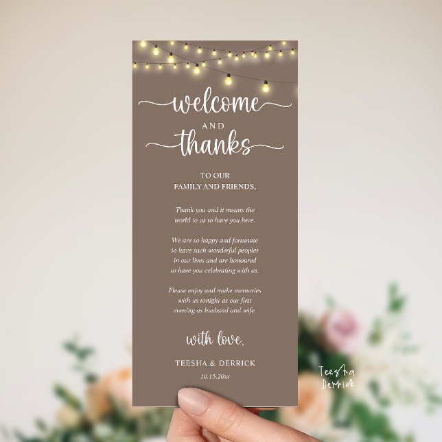 Programa "Welcome and Thanks" Rustic Reception Guest Card ("Welcome and Thanks" Rustic Reception dinner Guest thank you Card in string lights taupe)