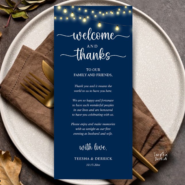Programa "Welcome and Thanks" Rustic Reception Guest Card ("Welcome and Thanks" Rustic Reception dinner Guest thank you Card in string lights navy blue)