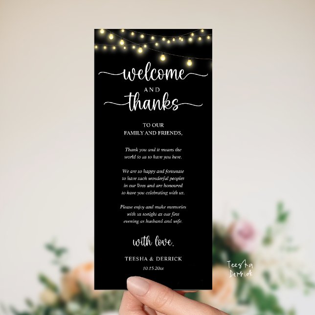 Programa "Welcome and Thanks" Rustic Reception Guest Card ("Welcome and Thanks" Rustic Reception dinner Guest thank you Card in string lights black and white)