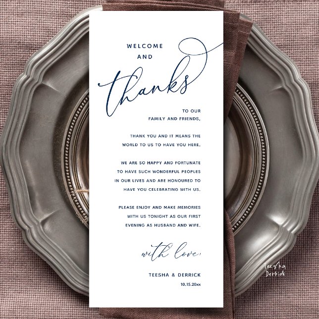Programa Welcome and Thanks, Wedding Dinner Thank You Card (Welcome and Thanks, Happily Ever After Modern Wedding Dinner Thank You Card in Classy Navy Blue)