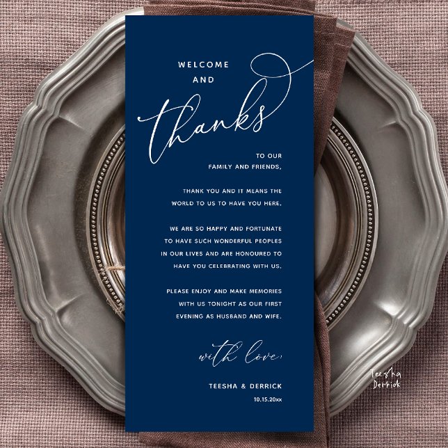 Programa Welcome and Thanks, Wedding Dinner Thank You Card (Welcome and Thanks, Happily Ever After Modern Wedding Dinner Thank You Card in Classy Navy Blue)