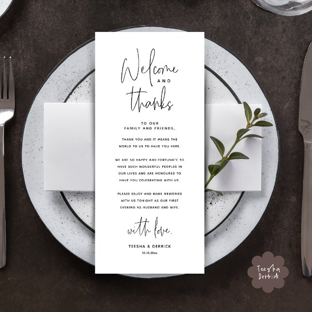 Programa Welcome n Thanks Wedding Reception Thank You Card (Welcome n Thanks Wedding Reception Dinner Brunch Lunch Thank You Card in Black White)