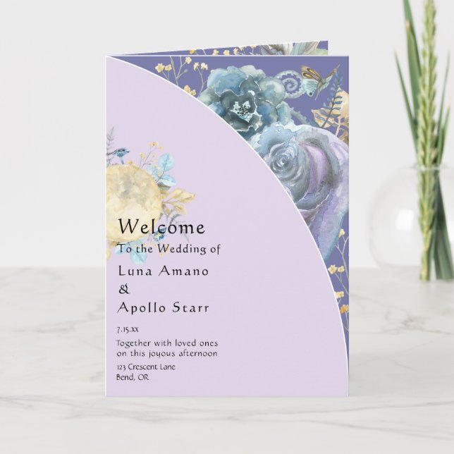 Programa Whimsical Moon Purple Folded Wedding Program (Anverso)