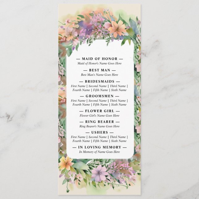 Programa Whimsical Pastel Watercolor Boda de flores silvest (Reverso)