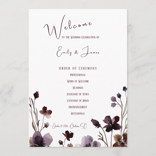 Programa Wine Red Plum Mauve Fall Floral Wedding (Anverso)
