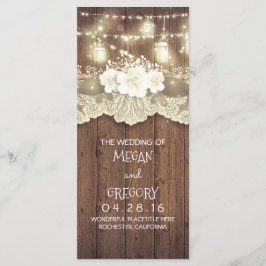 Programa Wood Lace String Lights Mason Jars Wedding Program