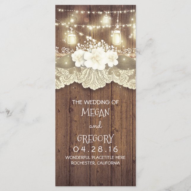 Programa Wood Lace String Lights Mason Jars Wedding Program (Anverso)