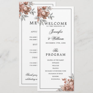Programa y menú de boda floral rústico en rosa oro